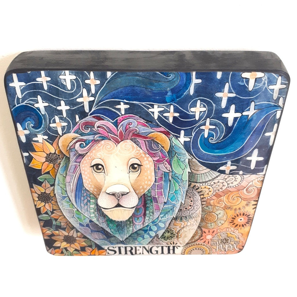 Original Ink and Watercolour Pencil under Resin - LION, STRENGTH