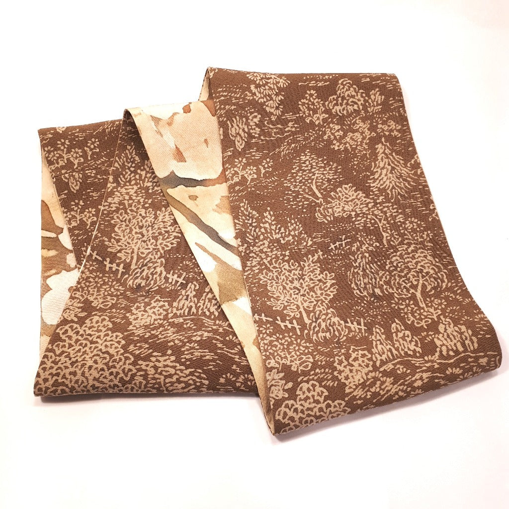 Infinity Silk Scarf - Landscape & Branches (Brown, Pale Yellow, Hints of Green)
