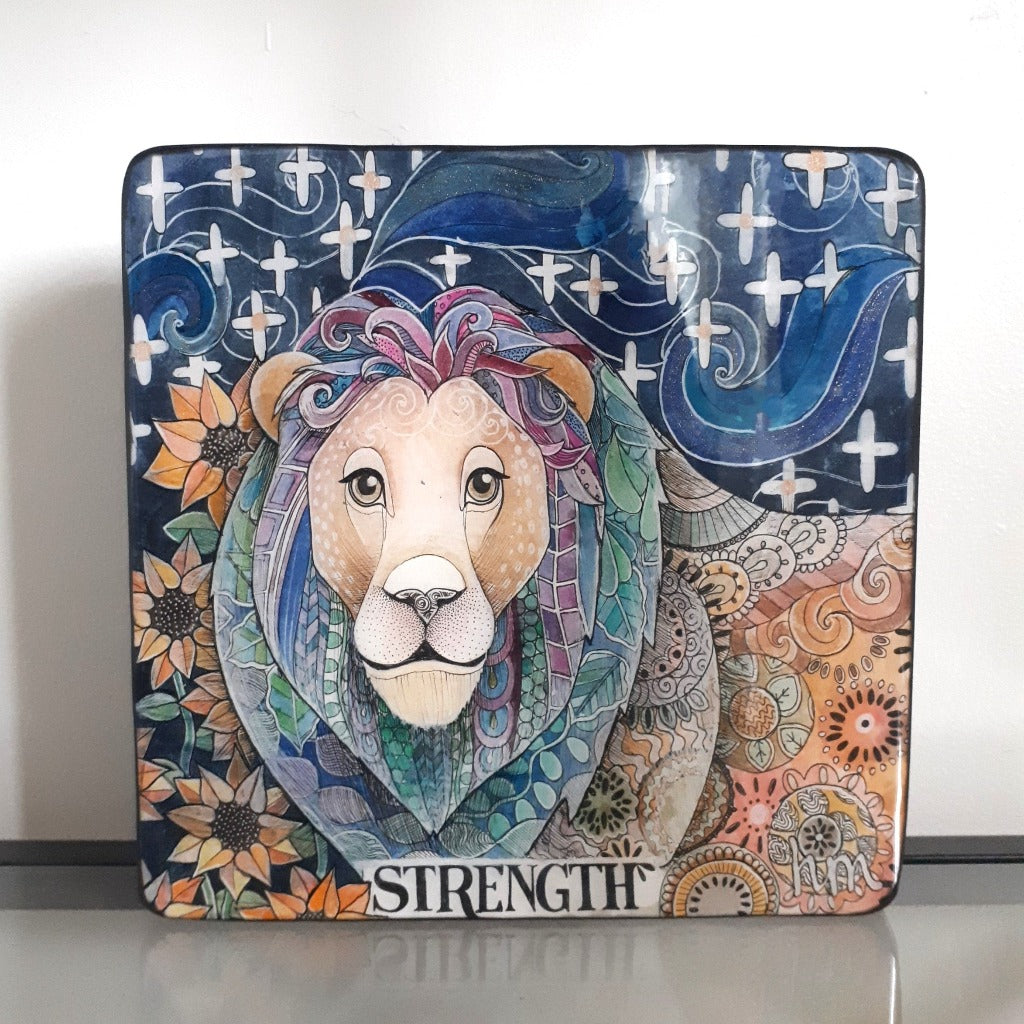 Original Ink and Watercolour Pencil under Resin - LION, STRENGTH
