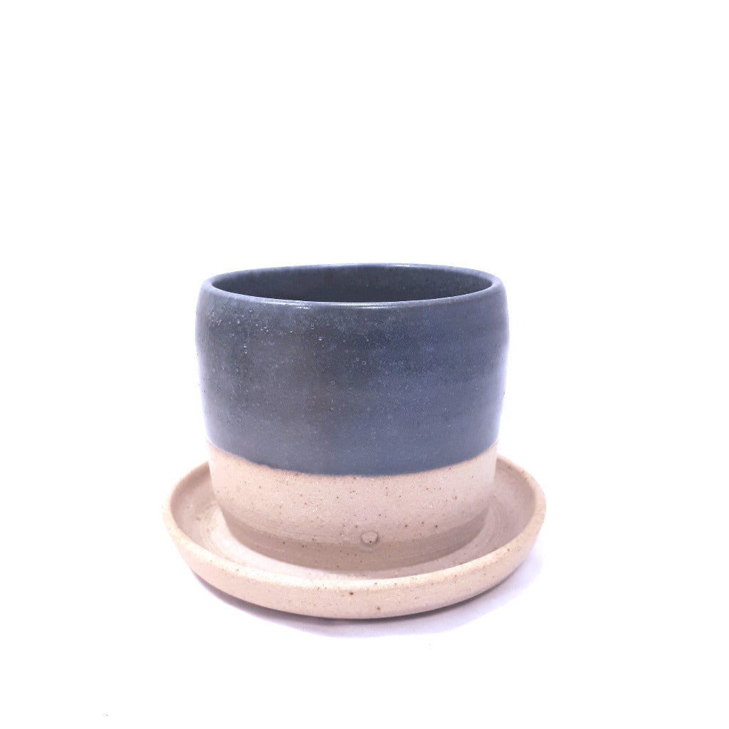 Pottery Plant Pot with Saucer - Blue