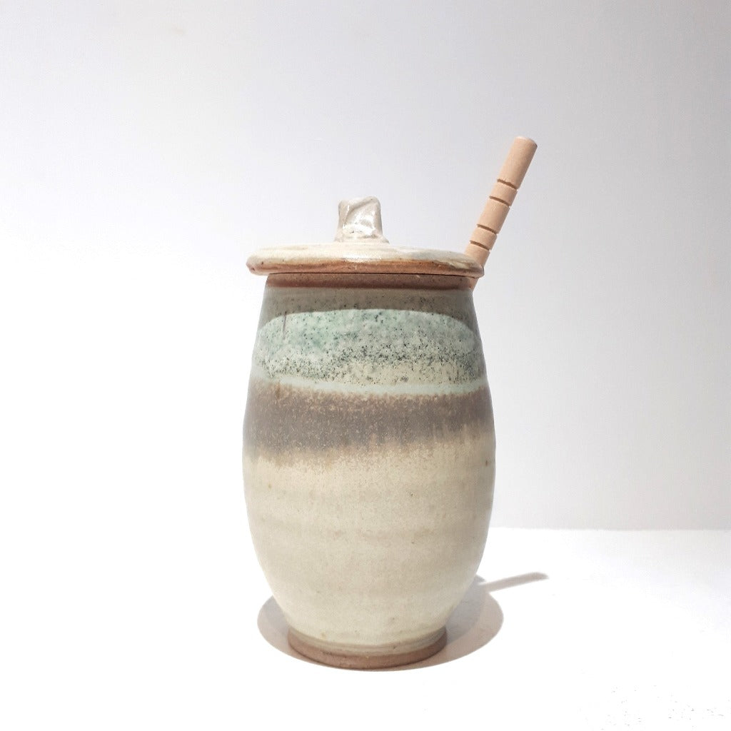 Pottery Honey Jar - turquoise & toast glaze