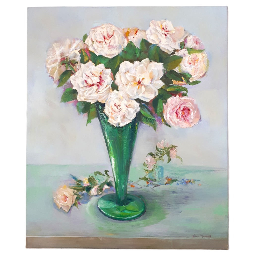 Original Oil Painting - WHITE ROSES IN GREEN VASE