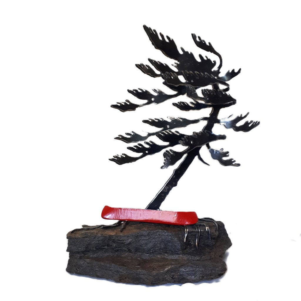 Steel Tree Sculpture with Red Canoe (300) on Canadian Rock