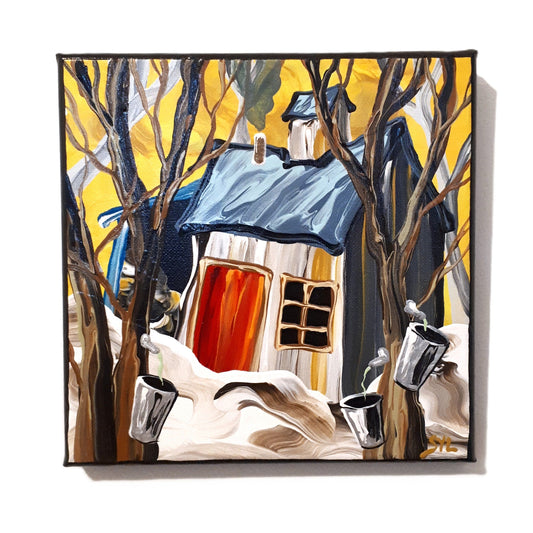 Folk art style painting of a small house with trees and sap pails in a snowy landscape