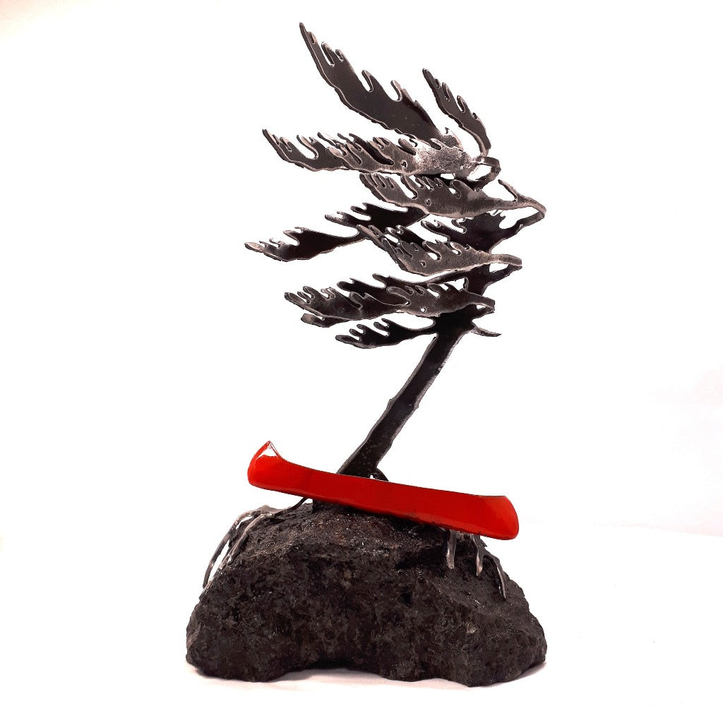 Steel Tree Sculpture with Red Canoe (295) on Canadian Rock