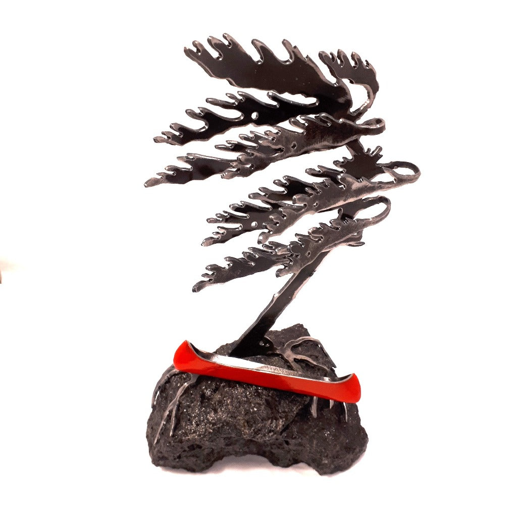 Steel Tree Sculpture with Red Canoe (295) on Canadian Rock
