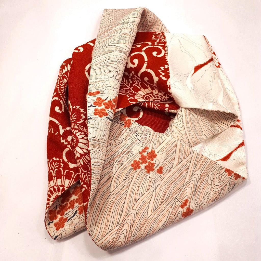 Infinity Silk Scarf - Waves, Shibori & Cranes (Red & Cream)