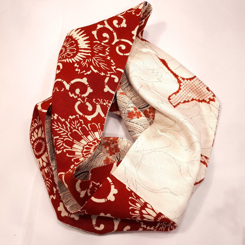 Infinity Silk Scarf - Waves, Shibori & Cranes (Red & Cream)