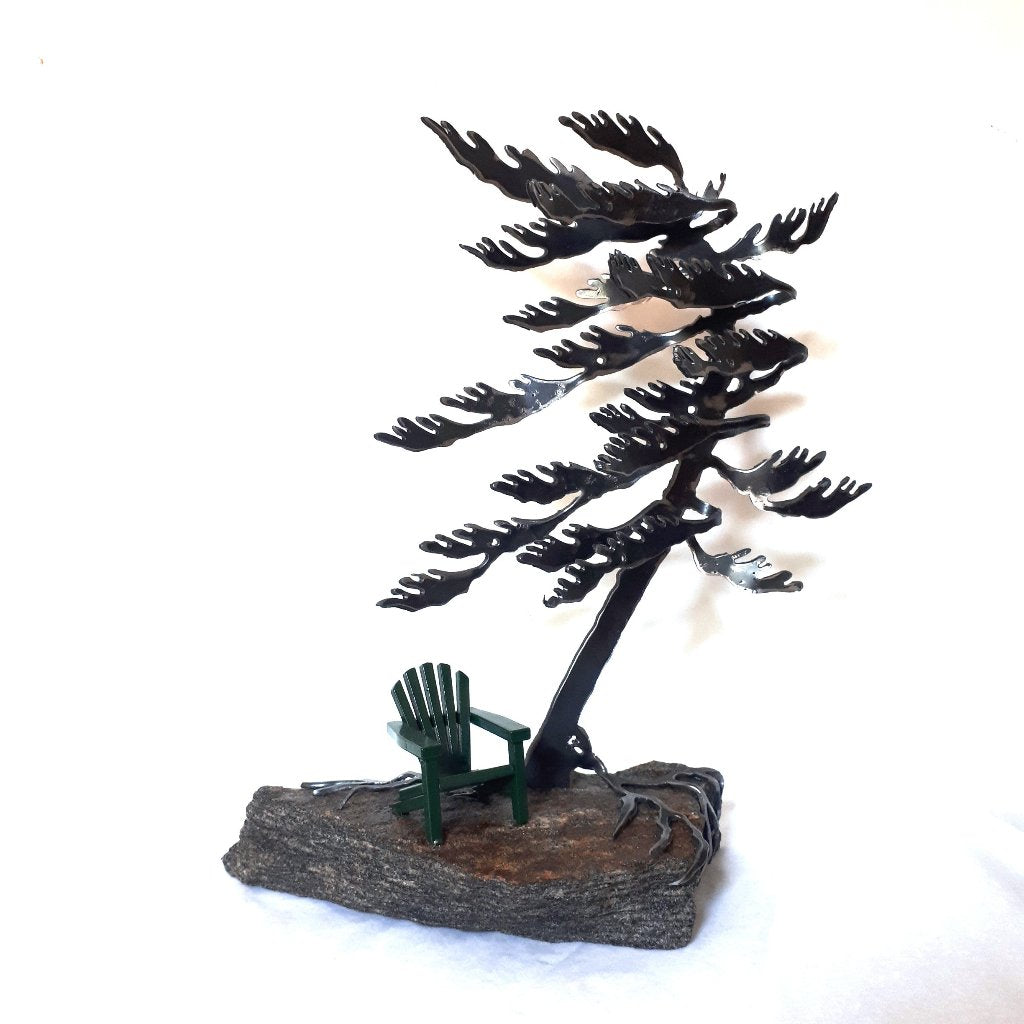 Steel Tree Sculpture with Green Adirondack/Muskoka Chair on Canadian Rock