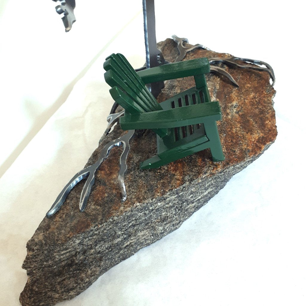 Steel Tree Sculpture with Green Adirondack/Muskoka Chair on Canadian Rock