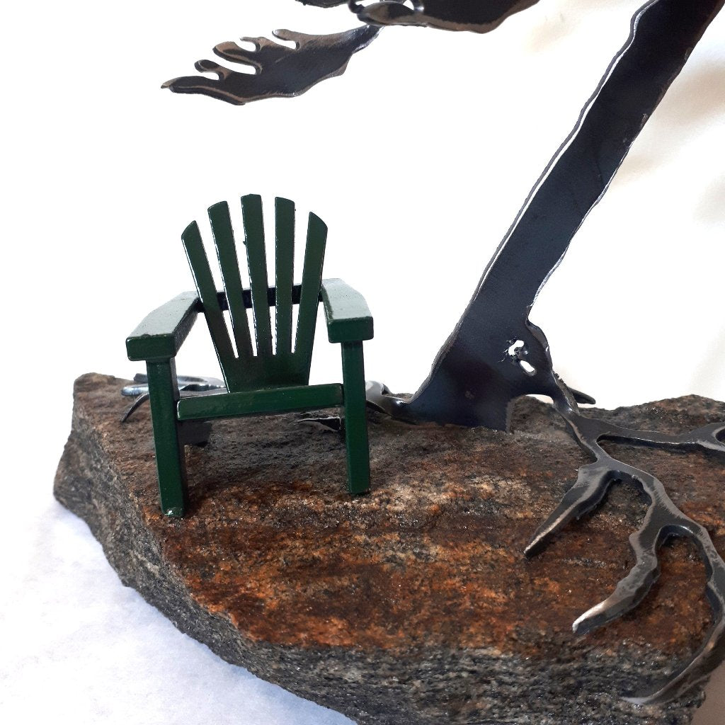 Steel Tree Sculpture with Green Adirondack/Muskoka Chair on Canadian Rock