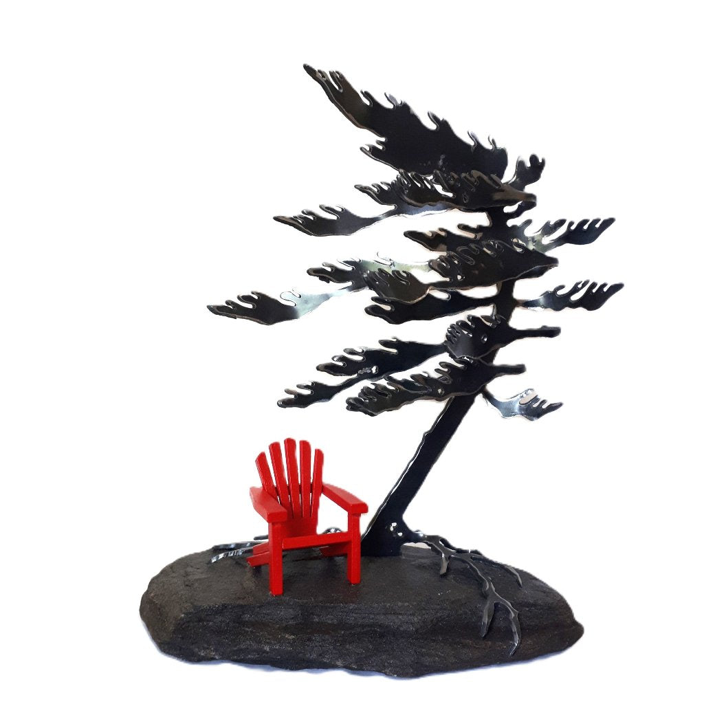 Steel Tree Sculpture with Red Adirondack/Muskoka Chair on Canadian Rock