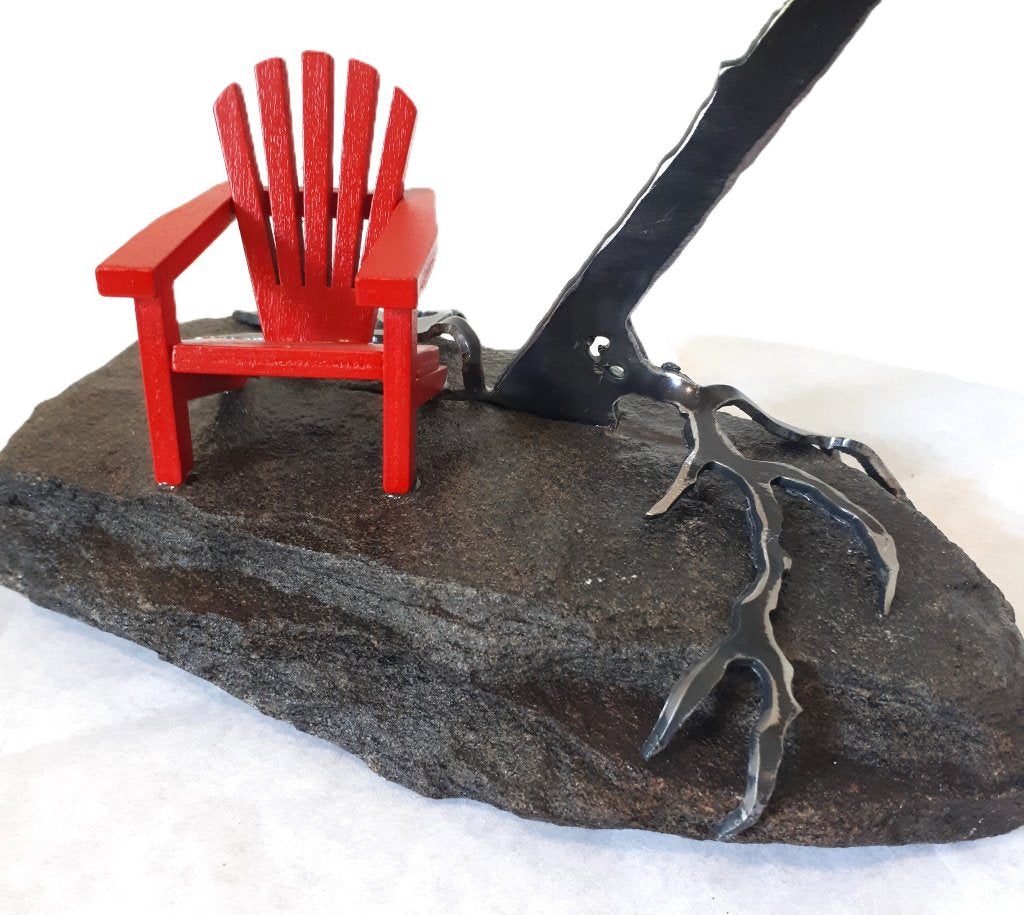 Steel Tree Sculpture with Red Adirondack/Muskoka Chair on Canadian Rock