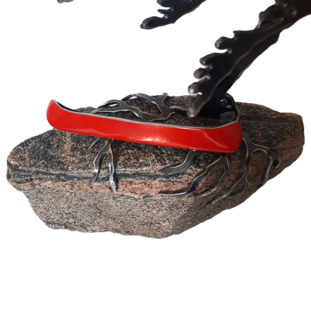 Steel Tree Sculpture with Red Canoe on Canadian Rock 325