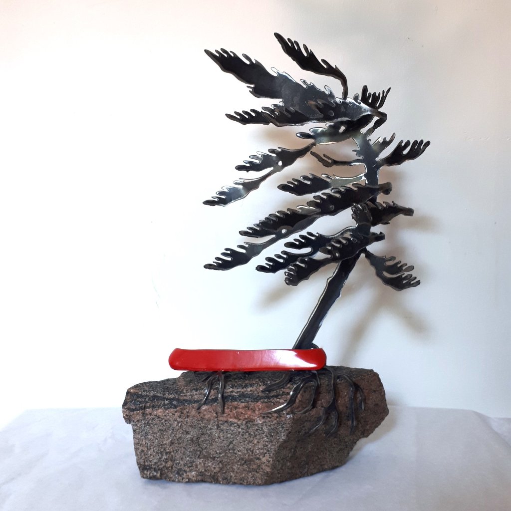 Steel Tree Sculpture with Red Canoe on Canadian Rock 325