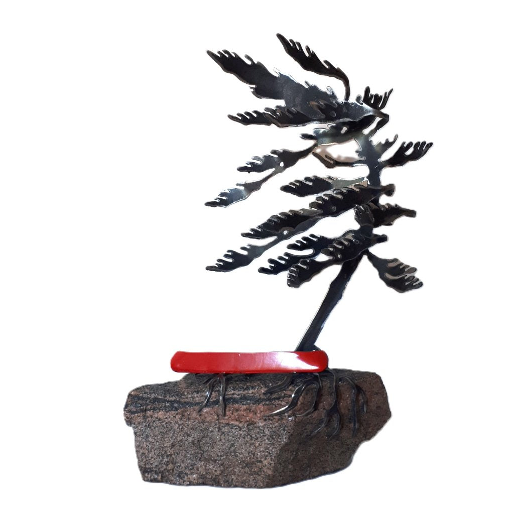 Steel Tree Sculpture with Red Canoe on Canadian Rock 325