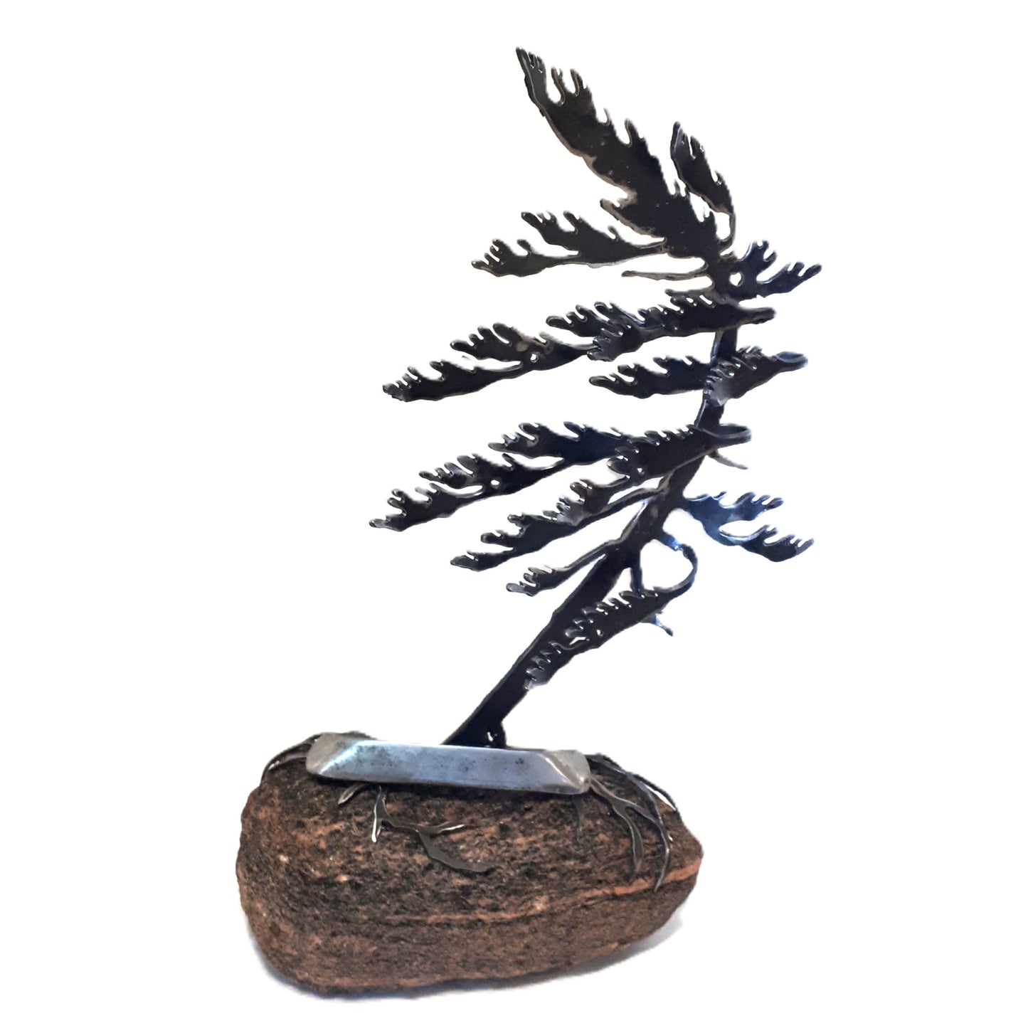 Steel Tree Sculpture on Canadian Rock with Steel Canoe