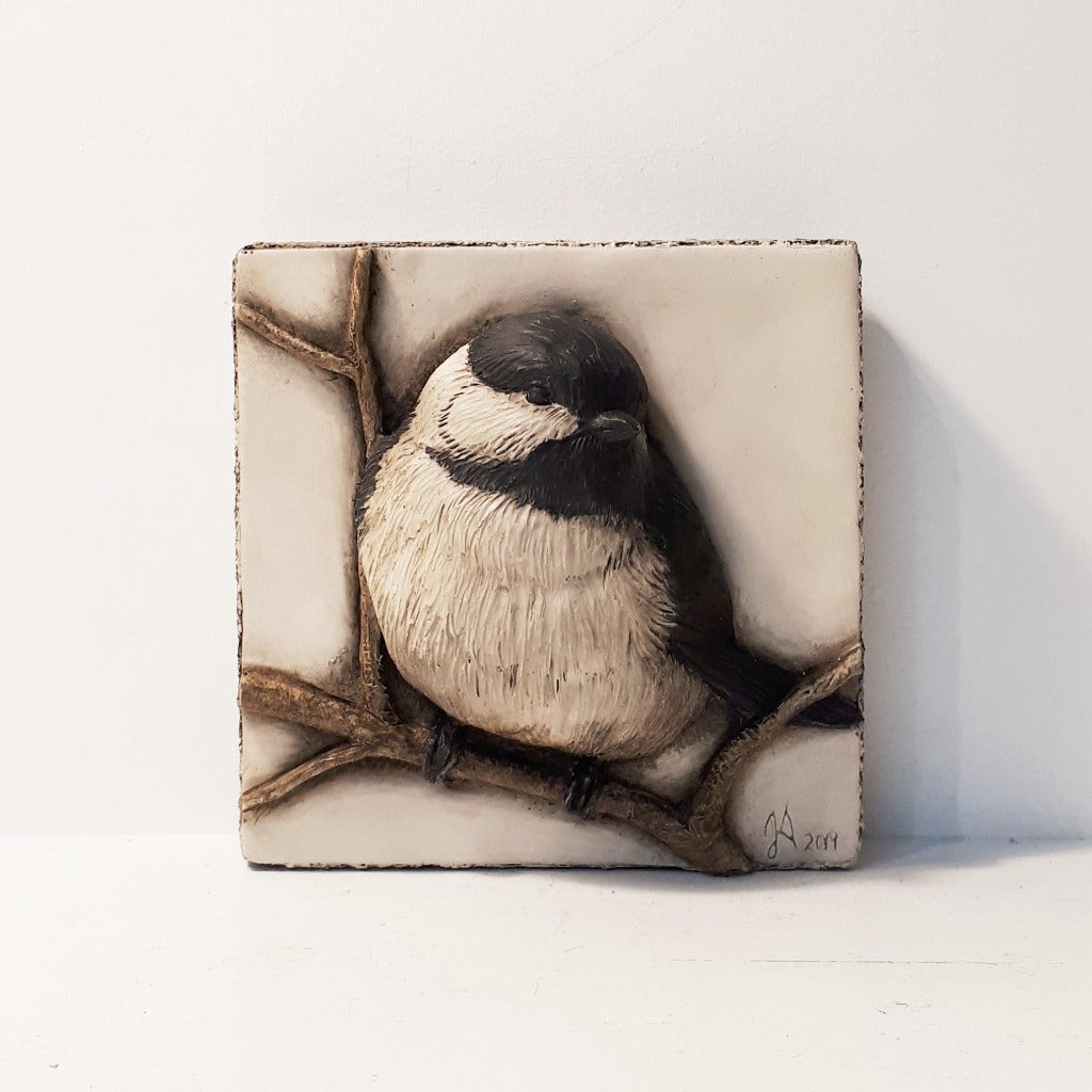 Limited Edition CHICKADEE (4x4) Black & White - Sculpted Cast Hydrostone