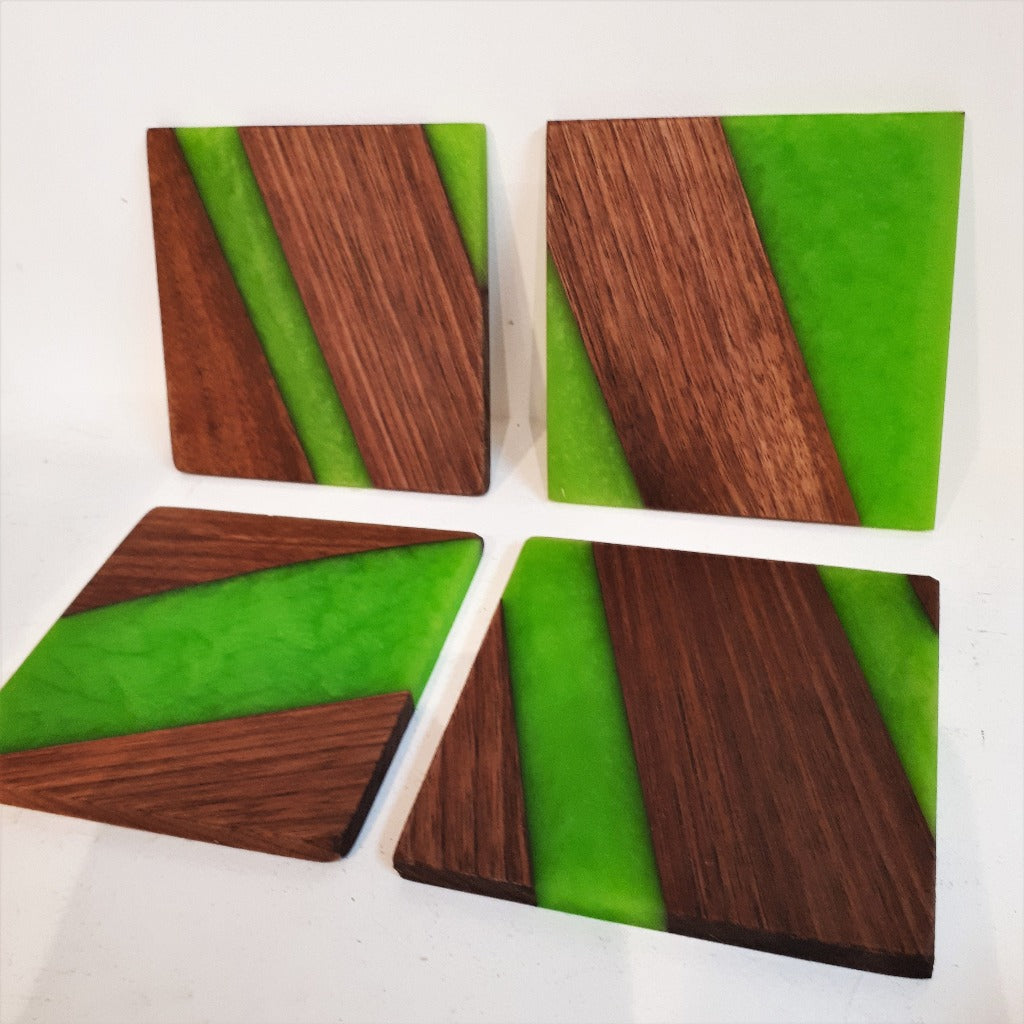 Wood and Resin Coaster Set - Black walnut and blue or green resin