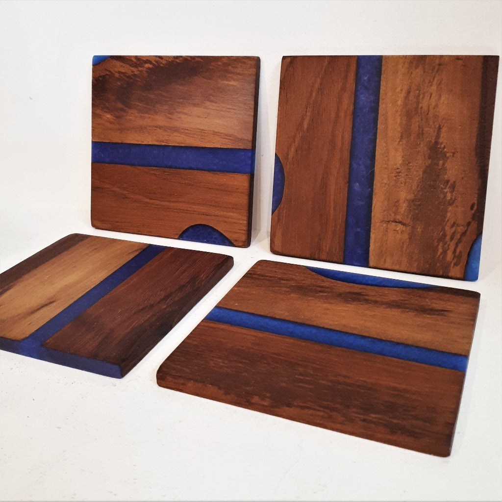 Wood and Resin Coaster Set Black walnut and blue or green resin