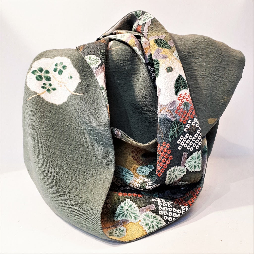 Infinity Silk Scarf - Soft Green & Whites II (Camellia Flowers & Cherry Blossoms)