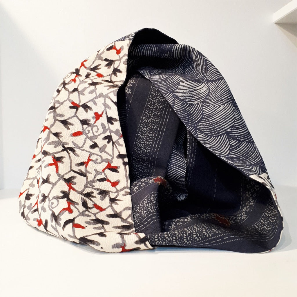 Infinity Silk Scarf - Steel Grey with Red Accents I (Wave, Flowers, Buds)