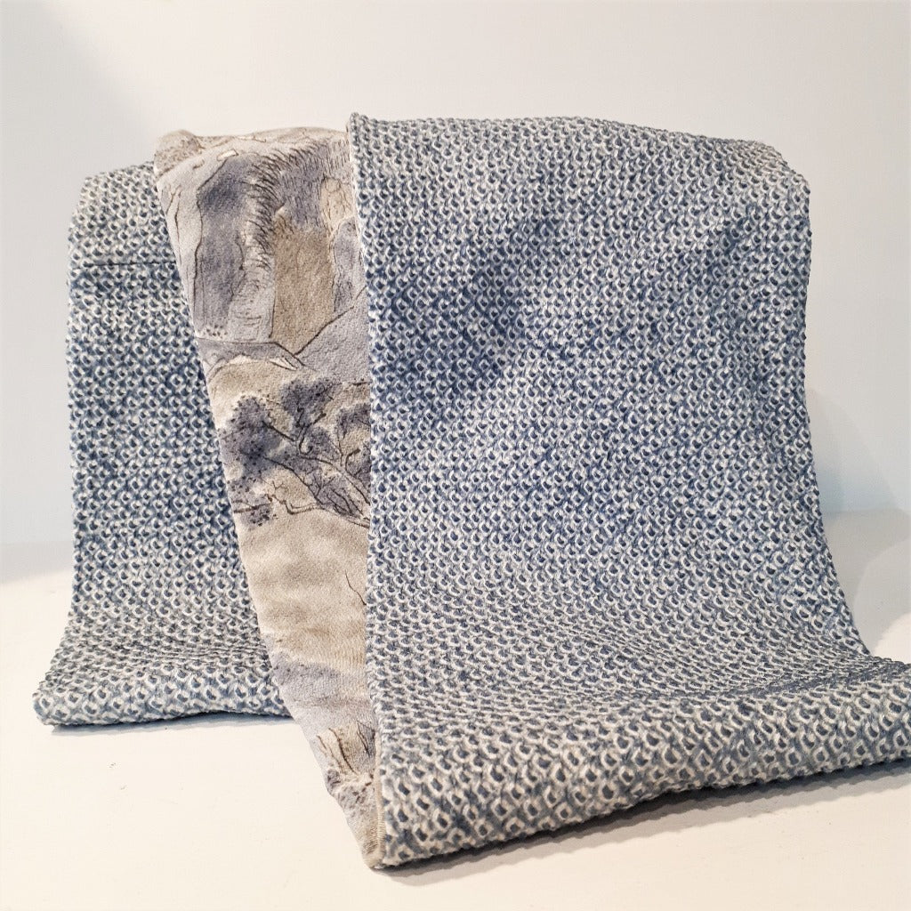 Infinity Silk Scarf - Soft blue, grey (Landscape & Shibori)