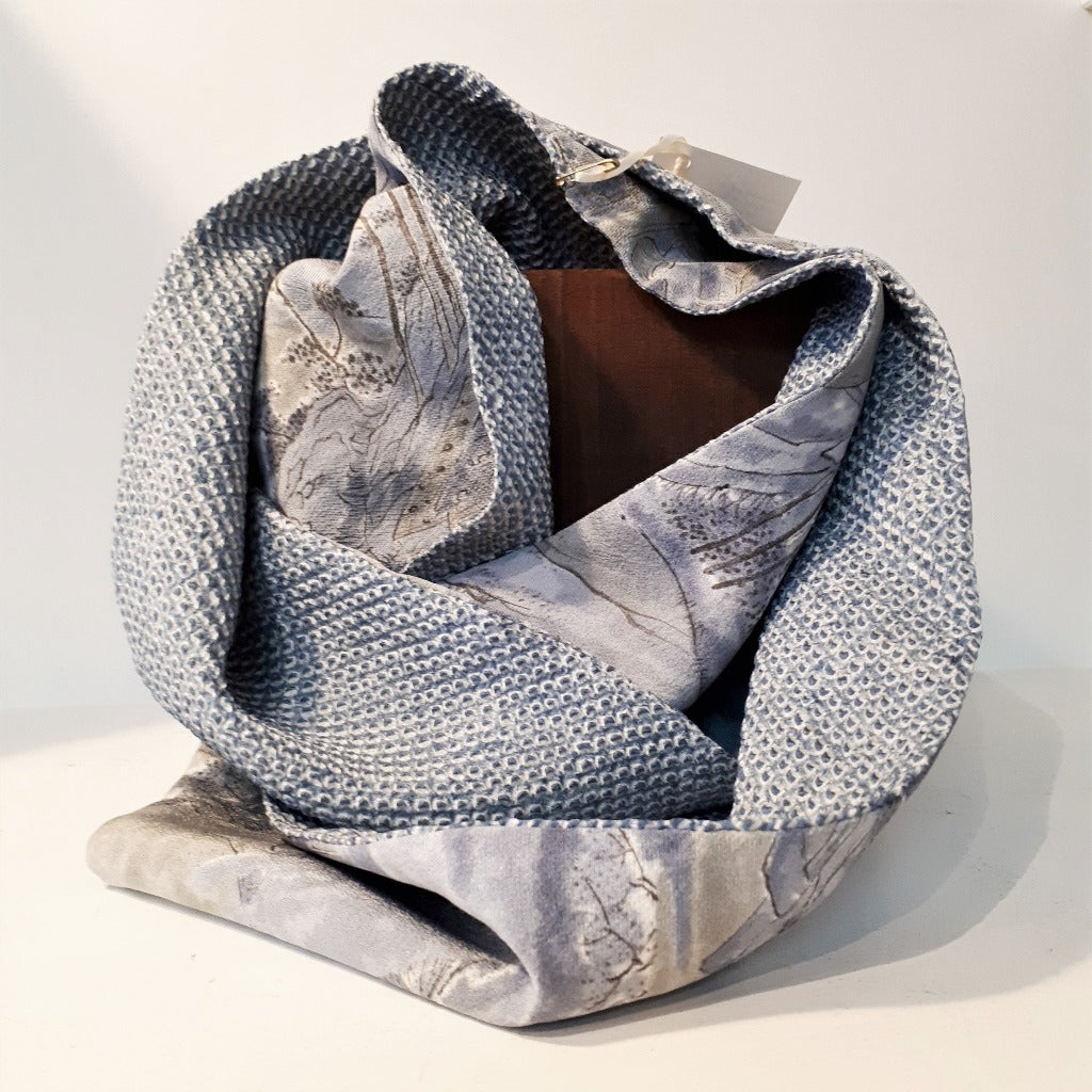 Infinity Silk Scarf - Soft blue, grey (Landscape & Shibori)