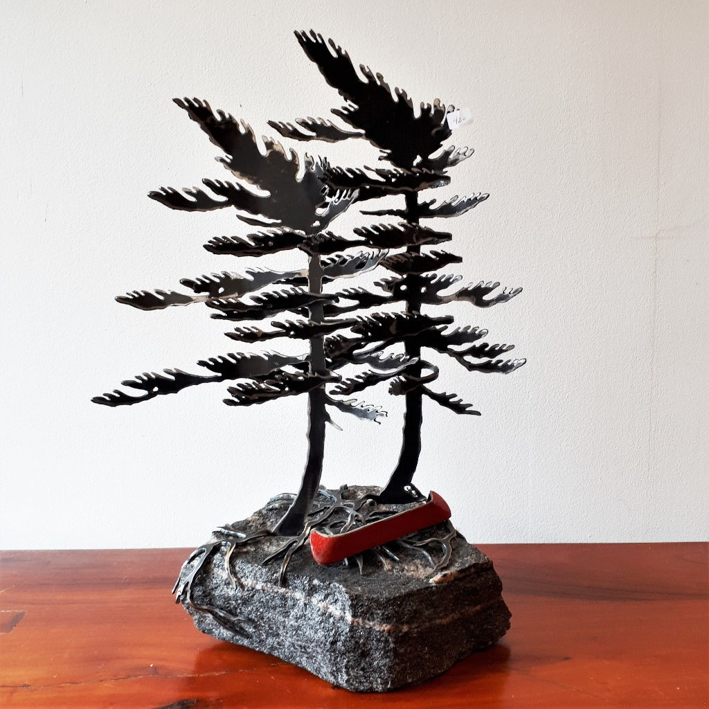 Steel Tree Sculpture with Red Canoe