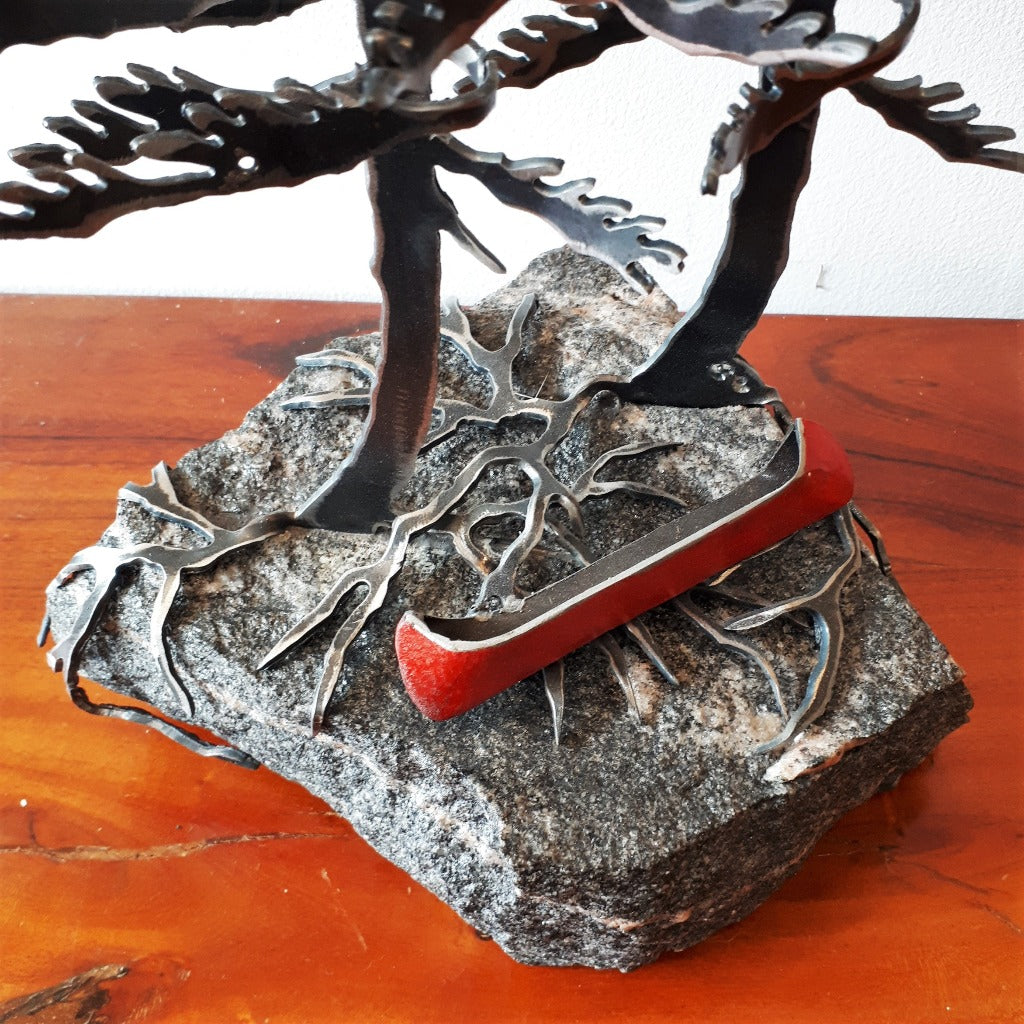 Steel Tree Sculpture with Red Canoe