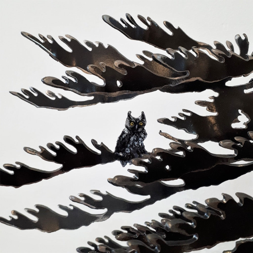 Cut-Steel Sculpture 325 - With Owl in Tree on Granite