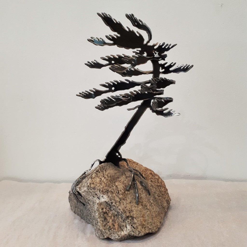 Cut-Steel Sculpture 280 - Tree with tiny chickadee on Granite