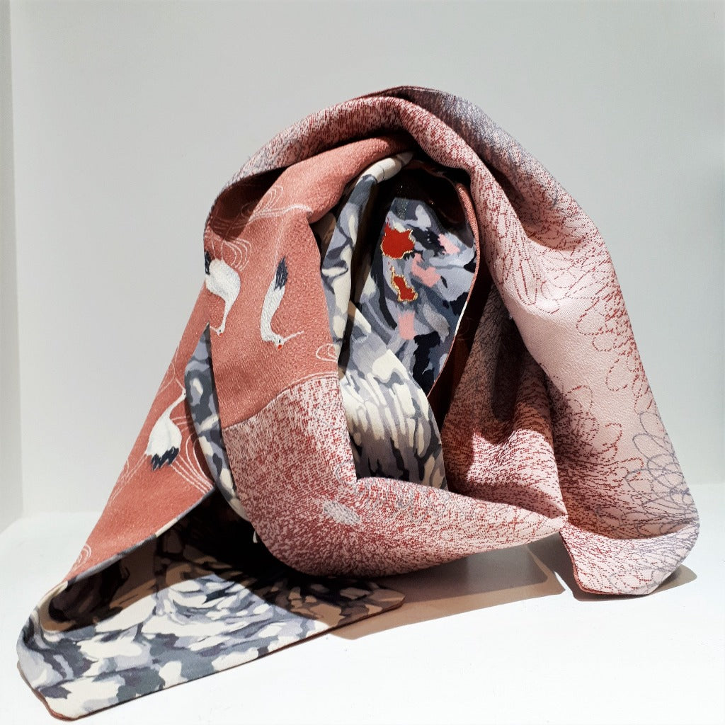 Silk Scarf - Grey, Pink, Black (Chrysanthemums & Cranes)