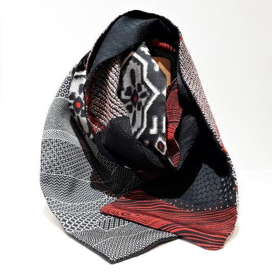Infinity Silk Scarf - Steel Grey with Red Accents I (Wave, Flowers, Buds)