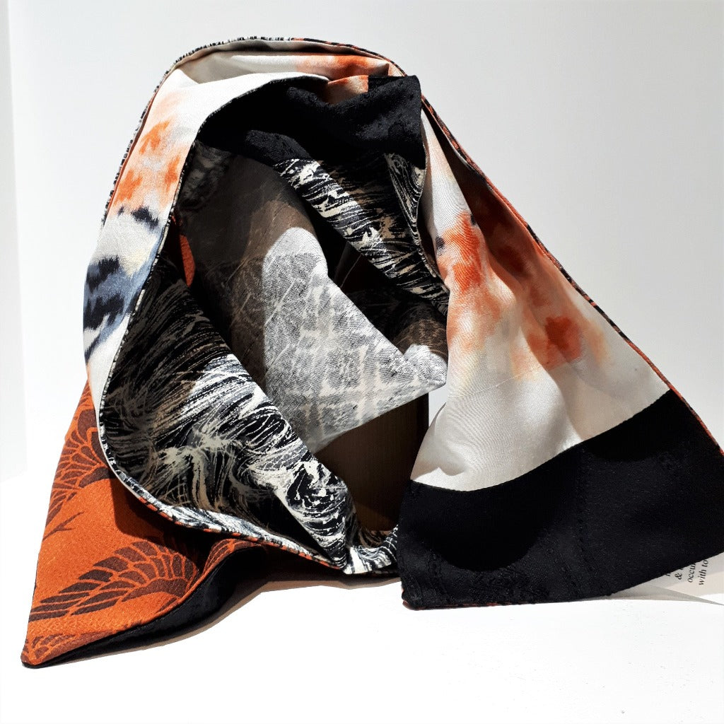 Silk Scarf - Grey, Orange, Black (Cranes, Waves, Chrysanthemums Blossoms & Branches)