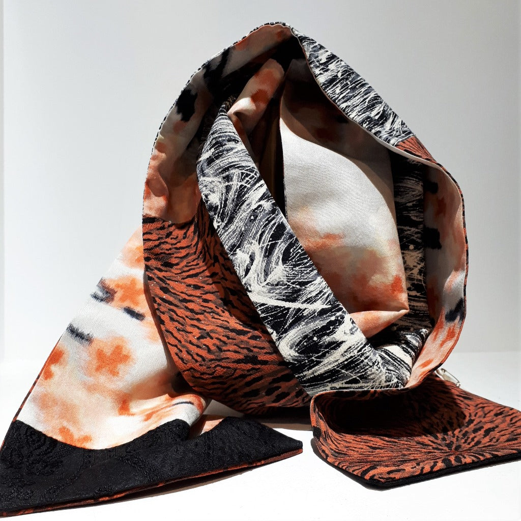 Silk Scarf - Grey, Orange, Black (Cranes, Waves, Chrysanthemums Blossoms & Branches)