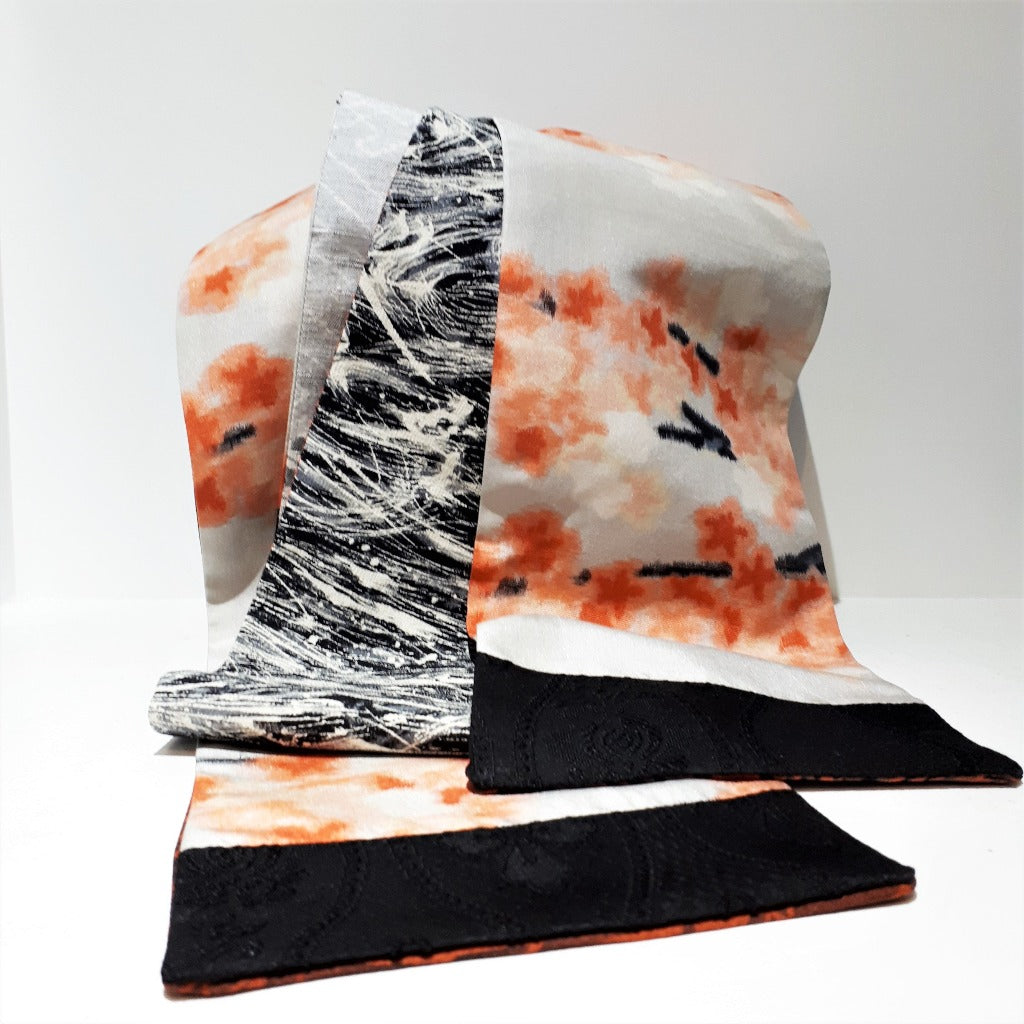 Silk Scarf - Grey, Orange, Black (Cranes, Waves, Chrysanthemums Blossoms & Branches)