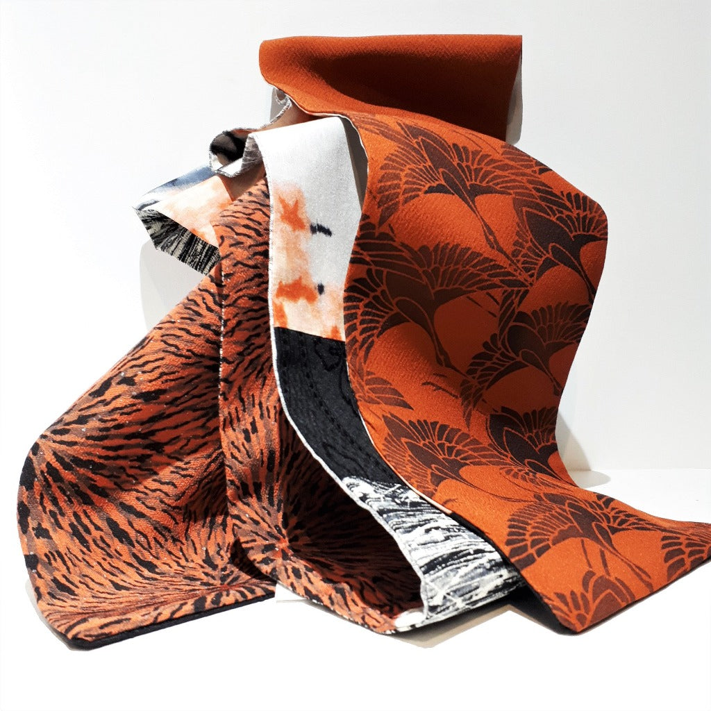 Silk Scarf - Grey, Orange, Black (Cranes, Waves, Chrysanthemums Blossoms & Branches)