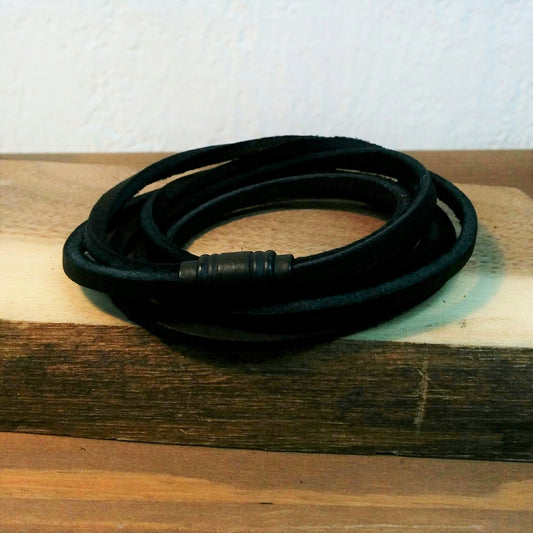Black leather wrap bracelets handmade in Cambridge, Ontario