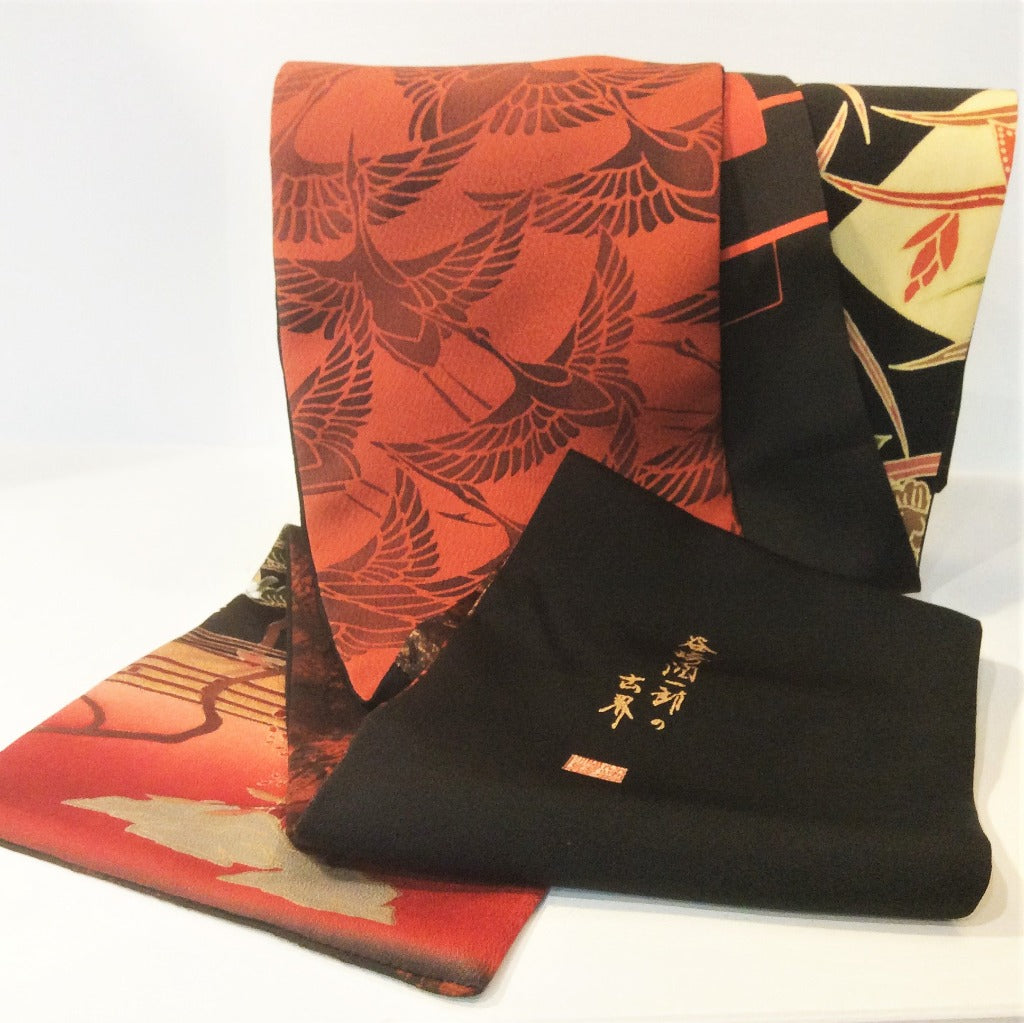 Silk Scarf - Flowers, Maple Leaf, Abstract (black, oranges, yellows)