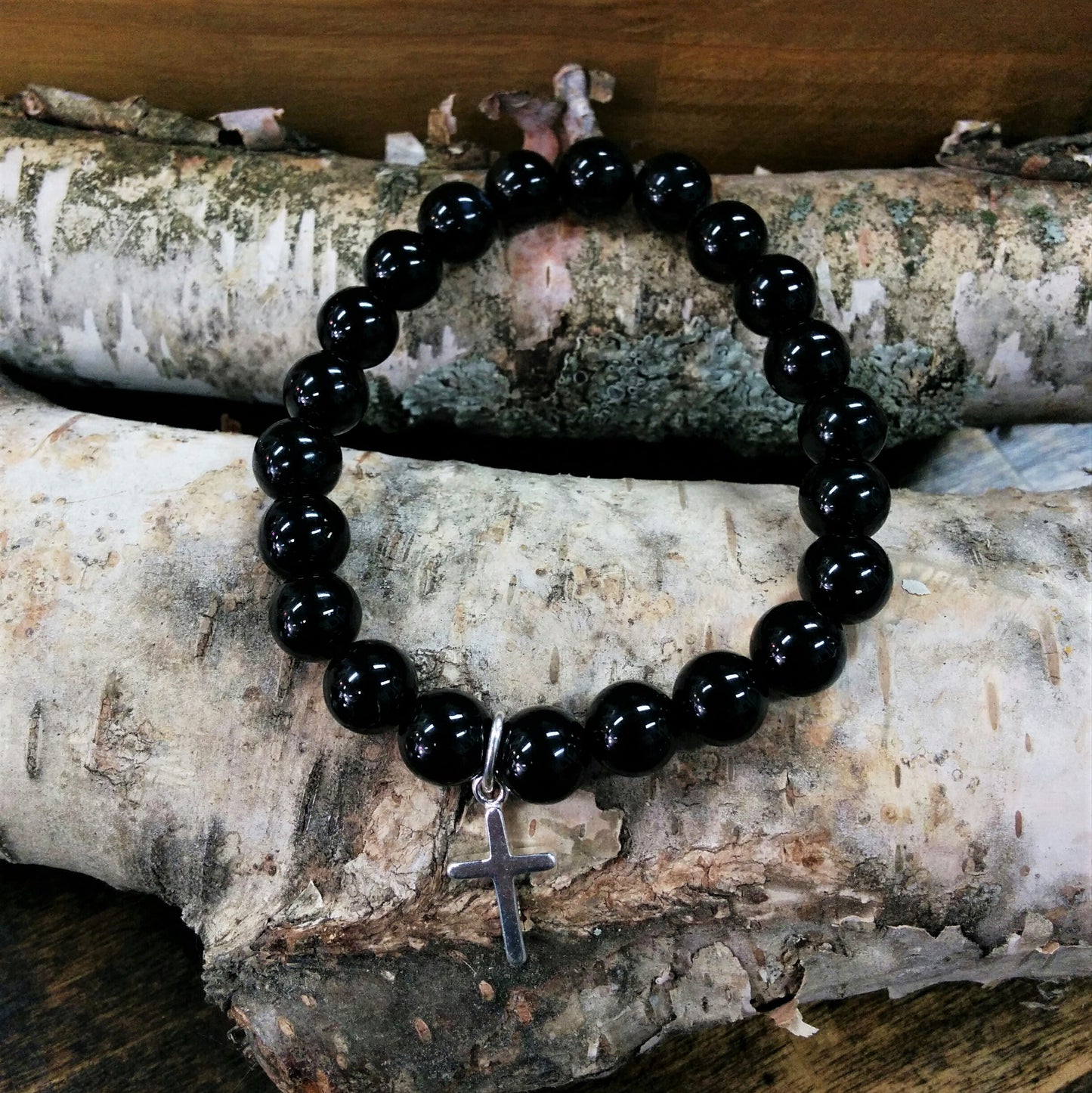 Stone Bracelet - Black Onyx with Sterling Silver Cross Charm