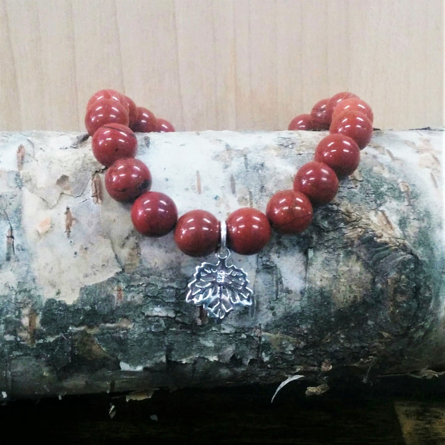 Stone Bracelet - Red Jasper with Sterling Silver Maple Leaf Charm