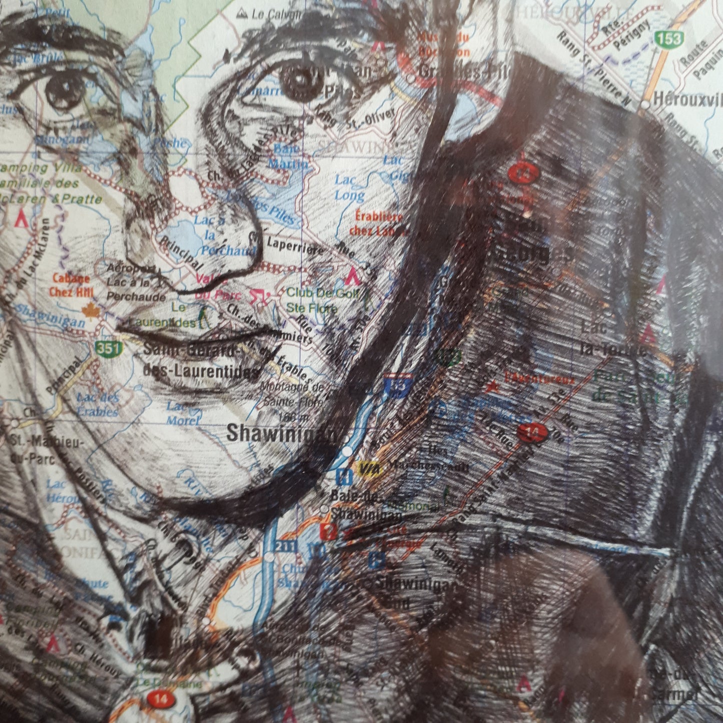 Original Pen and Ink Drawing on map - JACQUES PLANTE