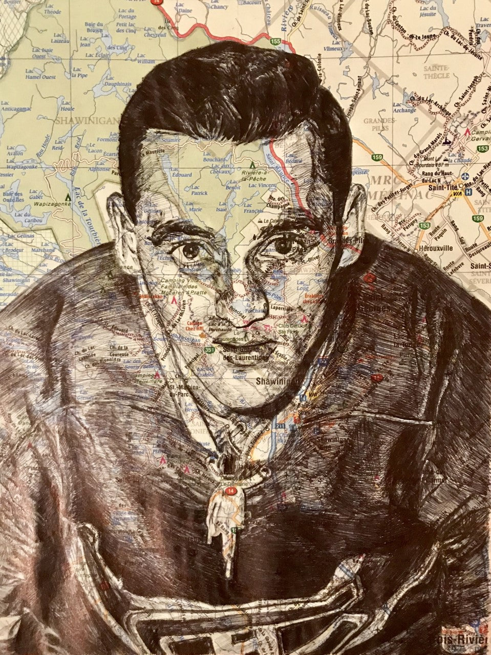 Original Pen and Ink Drawing on map - JACQUES PLANTE