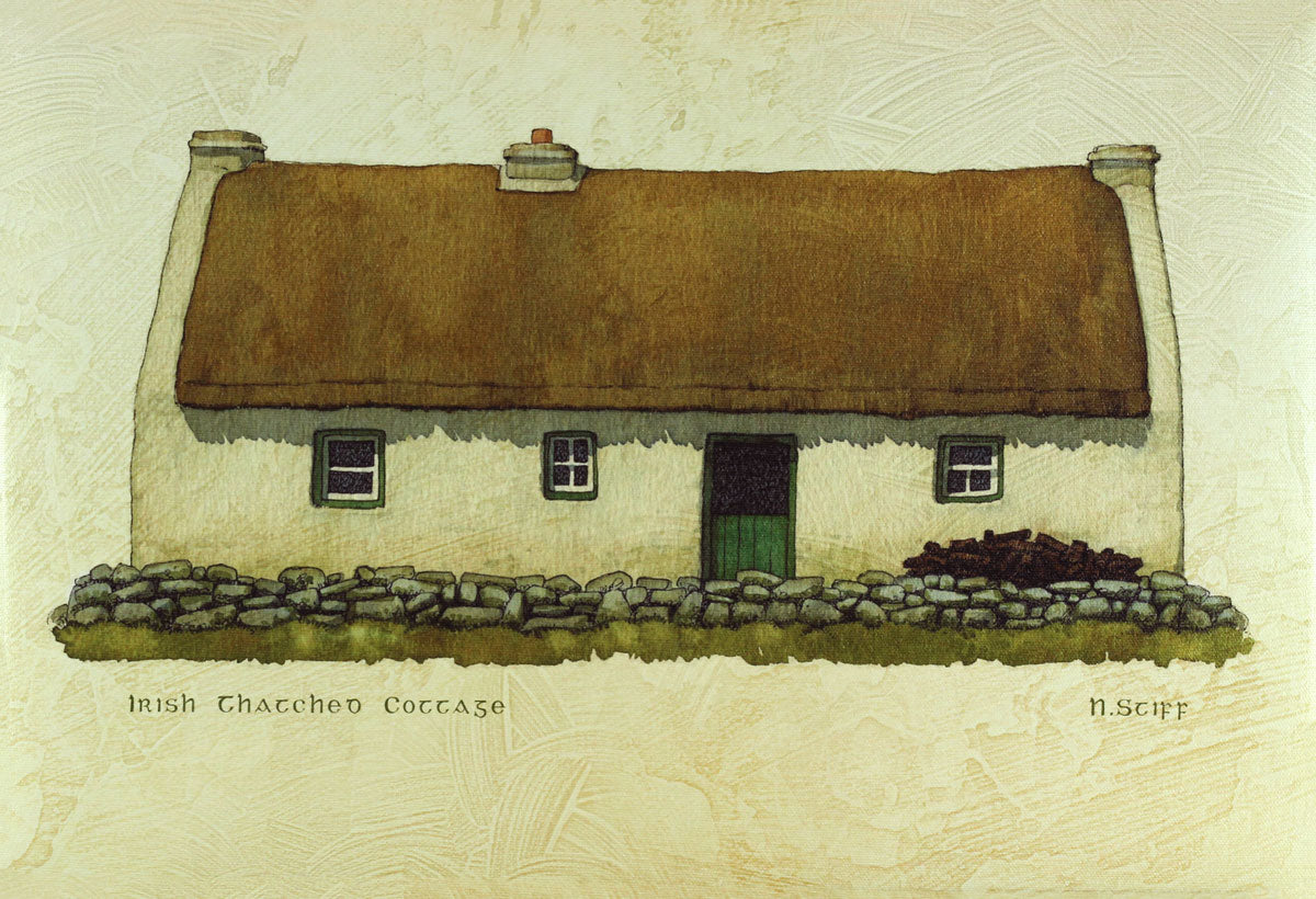 Giclee Print on Canvas - Irish Thatched Cottage with Green Door