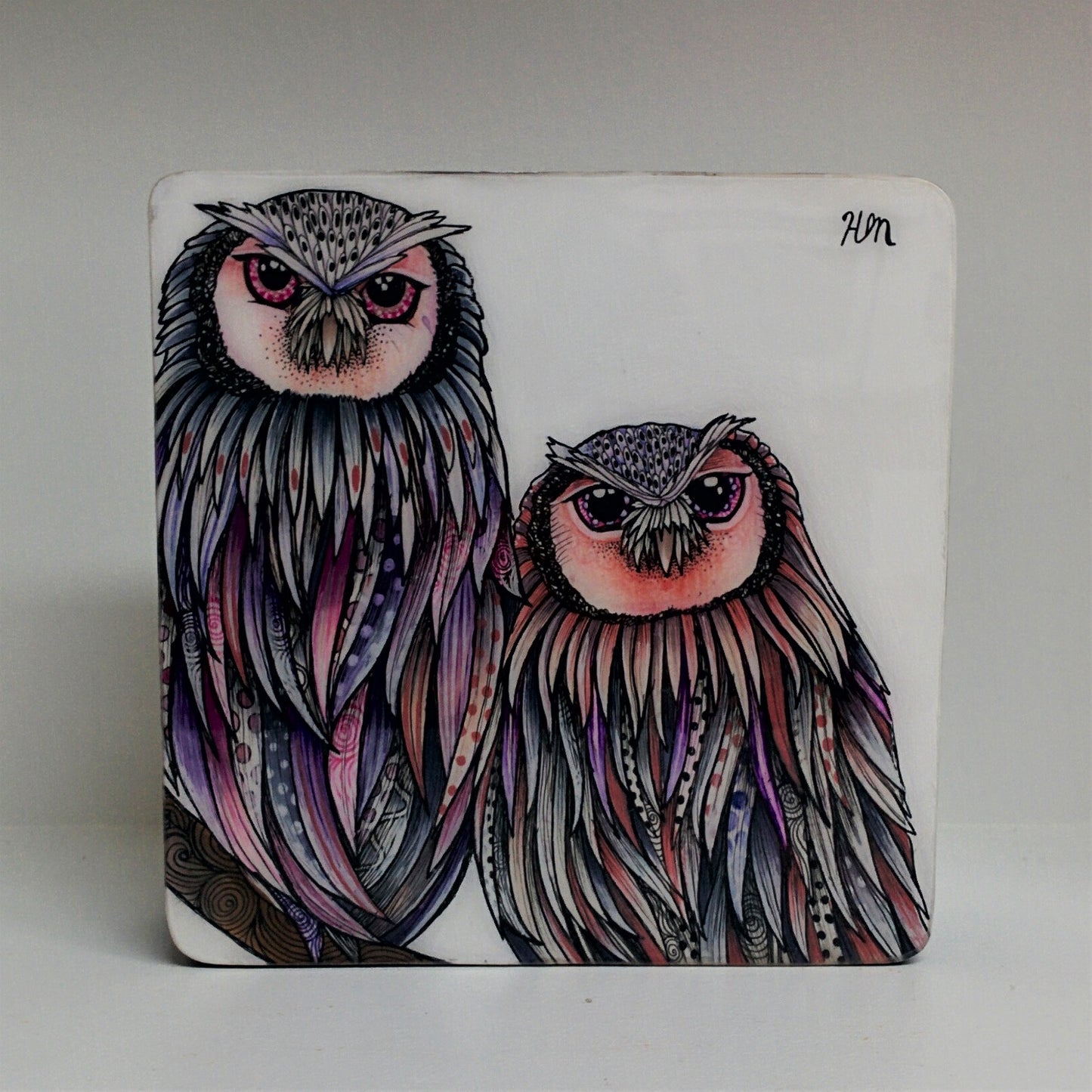 Original drawing and painting of a pair of owls by Canadian artist Hanna Mark