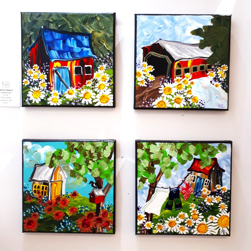 Original Acrylic Painting - CABIN, BIRDHOUSE & BIRD