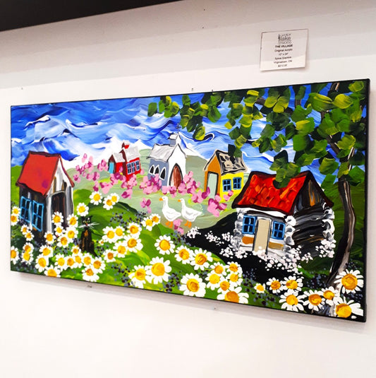 Original Acrylic Painting - The Village with Geese and a Black Cat