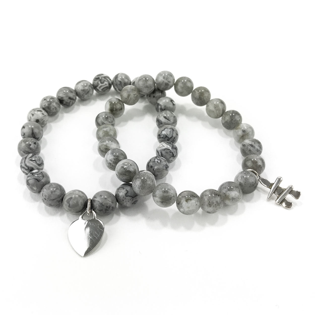 Stone Bracelet - Grey Quartz with Sterling Silver Inukshuk Charm