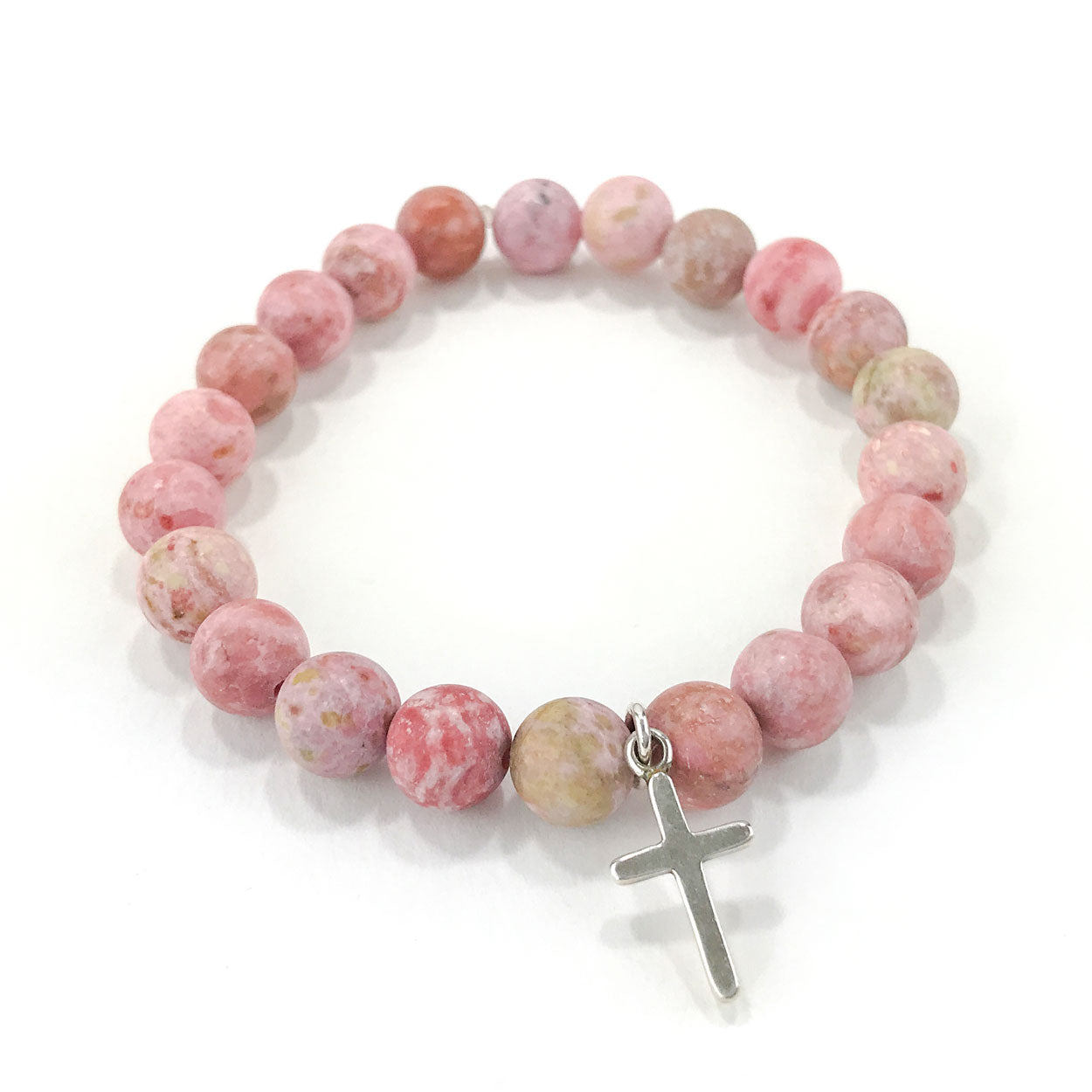 Stone Bracelet - Pink Agate with Sterling Silver Cross Charm
